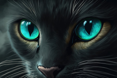 Closeup of a black cat with blue eyesの素材