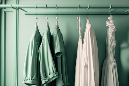 Clothes hanging on a rack in pastel green and white colors. , studio, storeの素材