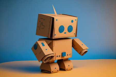 Diy robotics toy. made cardboard robot on blue panorama background with free spaceの素材