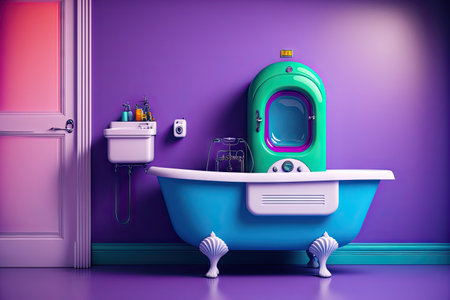 Colorful bathroom with bathtub against purple wall and blue heaterの素材
