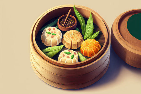 Different Dim Sum in a Steamed Bamboo Bowlの素材