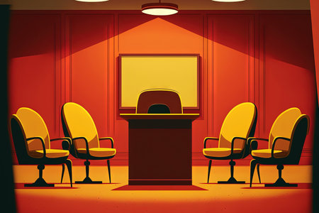 Empty big yellow conference room with red armchairsの素材
