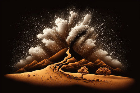 Eruption of sand in a dry riverbed. Sand in a brownish hue, with a black backgroundの素材