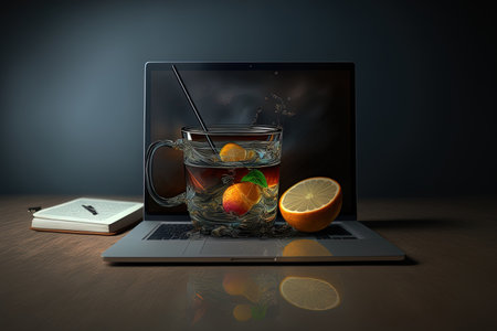 Cup with drink and modern laptop on dark tableの素材