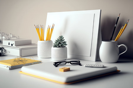 Detailed shot of a desk with stationery. White table with decorations and copy spaceの素材