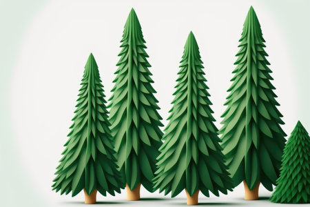 Christmas pine trees arranged in a row, isolated on a white backdropの素材