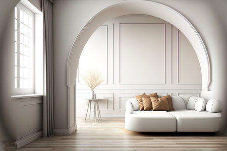 Empty white arch wall with sofa and sideboard on wooden floor. interior living roomの素材