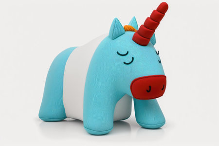 Featured here is a closeup of a stuffed unicorn toy against a white backgroundの素材