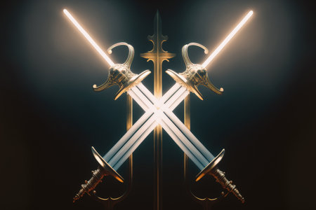 a contemporary artwork featuring two light swords crossedの素材