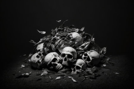 Dead bodies in a heap on a black background, still life styleの素材