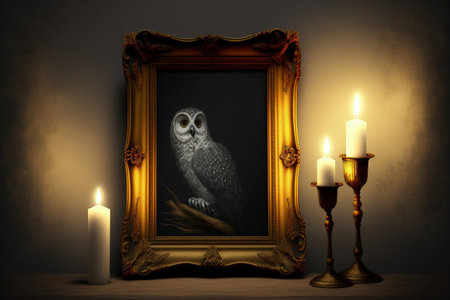 Empty frame next to candles and a memento of an owlの素材
