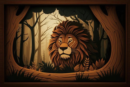 Fictional lion in a gloomy woodの素材