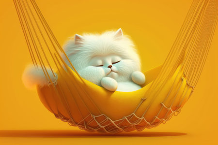Fluffy white cat in yellow hammock against yellow backgroundの素材