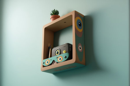 a wall mounted hanging shelf with a tiny covert camera in the spaceの素材