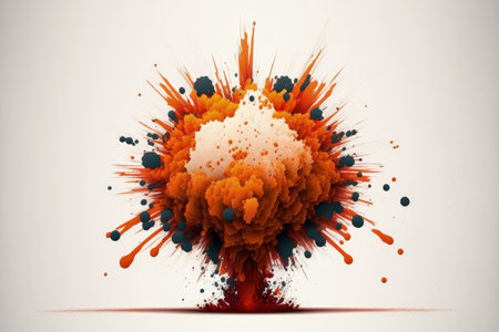 against a white background, a very intense, blazing explosion with sparks and smokeの素材