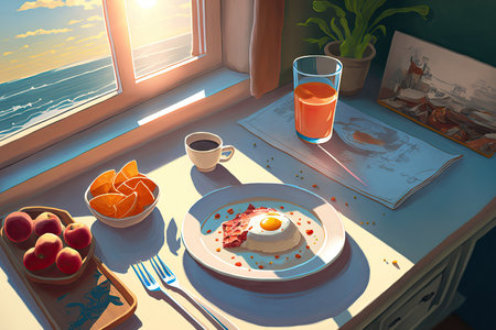 Ed illustration of a breakfast plate on a table by a window in the sunの素材