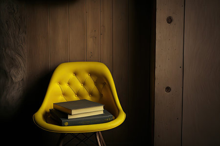 a yellow chair and books are positioned against a blank, dark wooden wallの素材