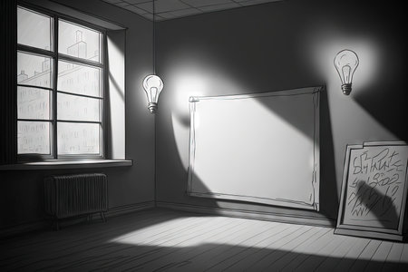 Empty room with big windows, blank blackboard, lamps and concrete floorの素材