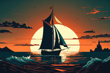 a sailboat heading out to sea at duskの素材