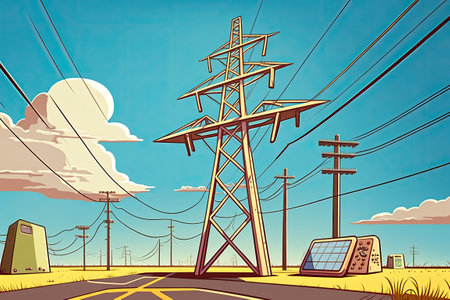 a solar panel with a high voltage tower in the backgroundの素材