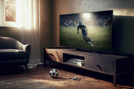 football is being streamed live on a smart tv in a living roomの素材