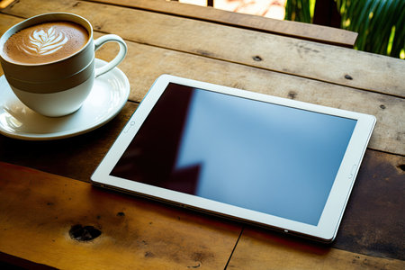 digital tablet with a blank screen on a wooden tableの素材