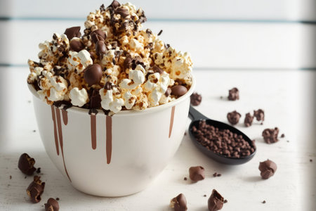 a cup of chocolate caramel popcorn is displayed on a white wooden tableの素材