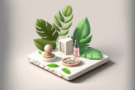 a stone platform, a white background, and a cosmetic display stand with green leavesの素材