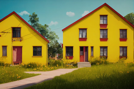 yellow houses with cartoon natureの素材