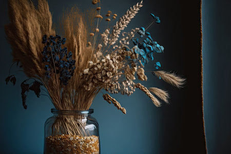dried wild cereals for decoration in a glass vase on a table, color of 2022の素材