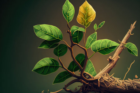 branchy tree stem with many leaves. taken using the macro photography methodの素材