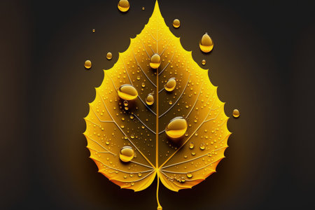 fall leaf with water drops in bright yellow. Macroscopic photography. Lay flatの素材