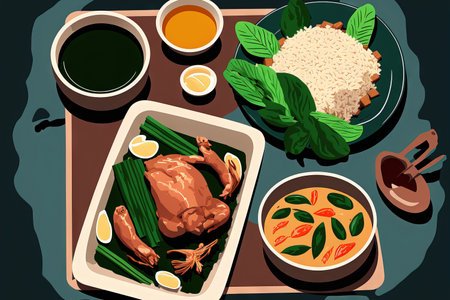 filipino dinner with sinigang, lechon kawali, and chicken adobo top down compositionの素材