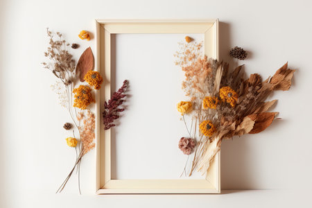 dried flowers and an empty space in a white picture frameの素材