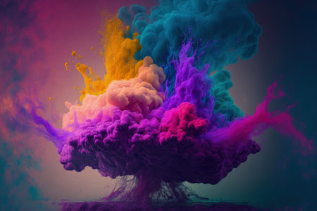 Acrylic paint underwater explosion with a purple backdrop and rainbow smokeの素材