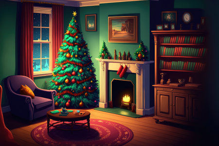 Beautiful decorated living room with a christmas tree and a fire placeの素材