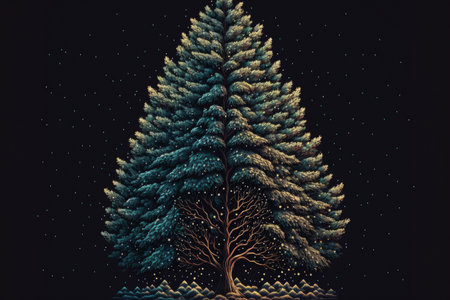 An illustration of a Christmas tree covered with snow on a dark backgroundの素材