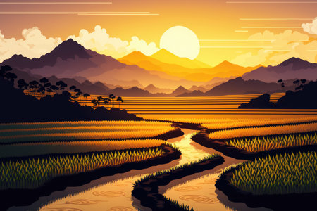Beautiful gold color sunset at rice field, rice terraceの素材