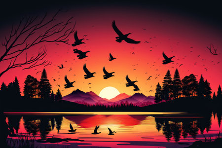 Birds silhouettes flying above the lake against sunsetの素材