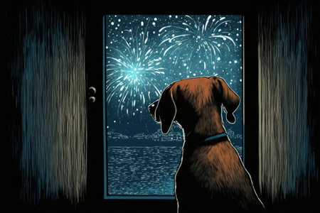 Dog observes the fireworks from the windowの素材