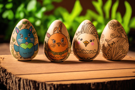 Easter eggs drawn by a child on a wooden backgroundの素材