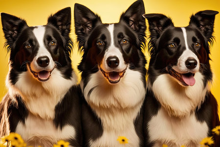 Black tri border collies in a sunny yellow backgroundの素材
