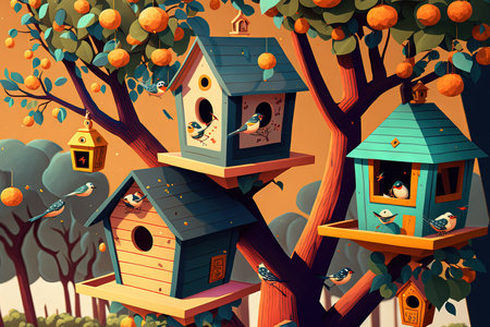 Closeup birdhouses on a mandarin tree at cityの素材