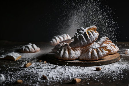 Crop shot of croissants covered in powdered sugar on a dark tableの素材