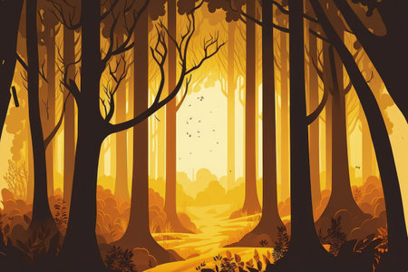 Forest with golden suncartoon styleの素材