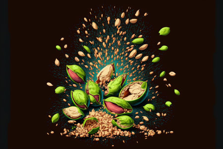 Explosion of uncooked, crushed pistachios on a dark backgroundの素材