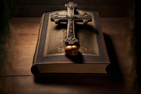 crucifix above the holy book on a wooden tableの素材