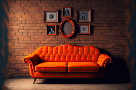 an orange sofa against a brick wall. Picture frames on the wallの素材
