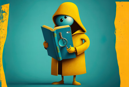 Yellow backdrop with a magnifying glass holding a blue book figure as its mascot.の素材