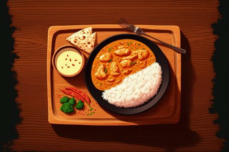 Delicious butter chicken with rice served on wooden table, flat lay. Space for textの素材